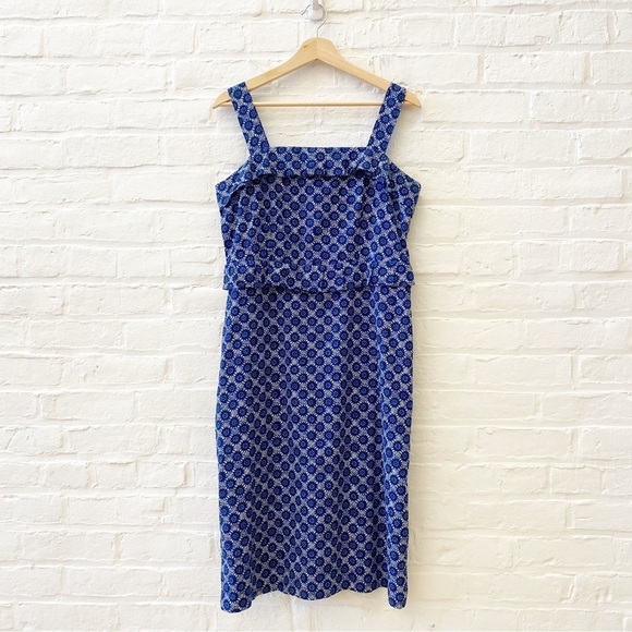 Ann Taylor || Medallion Ruffle Sheath Dress Blue 8 - Picture 1 of 9